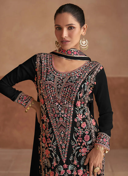 Elegant Black Palazzo Suit with Multicolor Embroidery