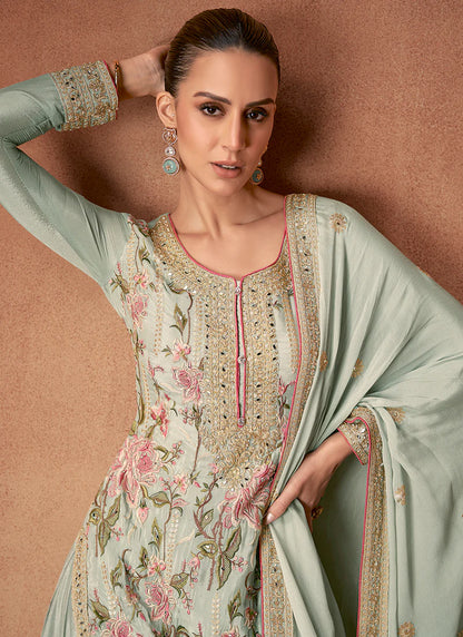 Buy embroidered Palazzo Suit for weddings and festivals.