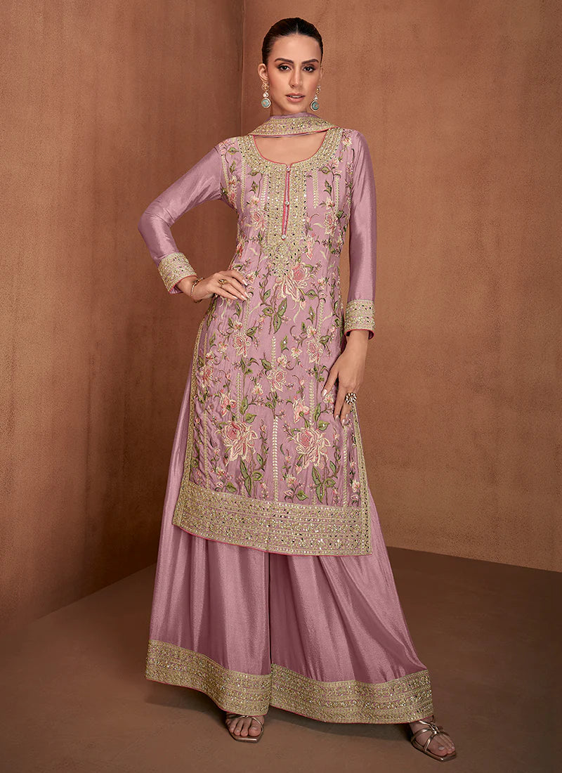 Soft Pink Palazzo Suit with Floral Embroidery for Festive Celebrations