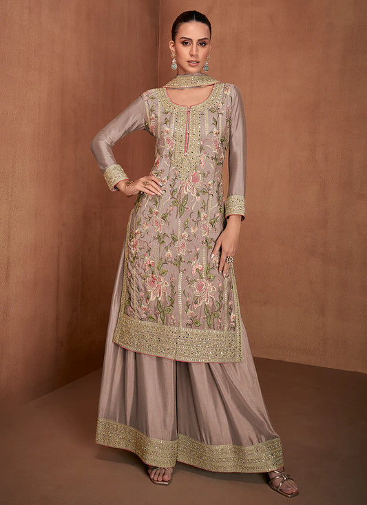 Mauve Palazzo Suit with Floral Embroidery for Festive Celebrations