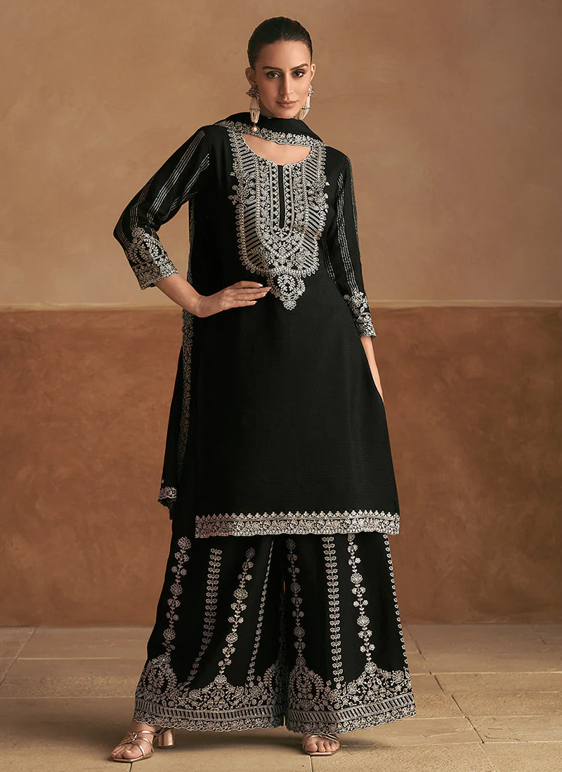 Designer Black Thread Embroidery Palazzo Style Suit with Dupatta- Perfect for Indian and Pakistani Weddings