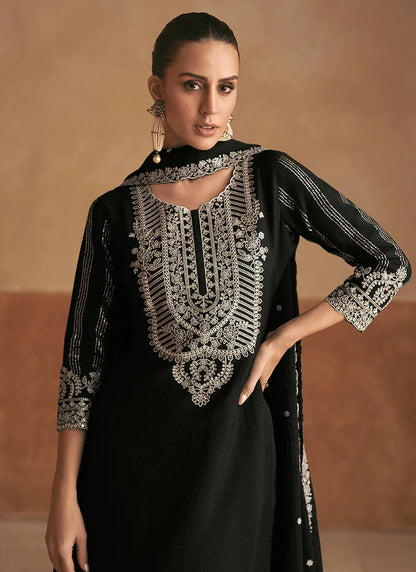 Designer Black Thread Embroidery Palazzo Style Suit with Dupatta- Perfect for Indian and Pakistani Weddings