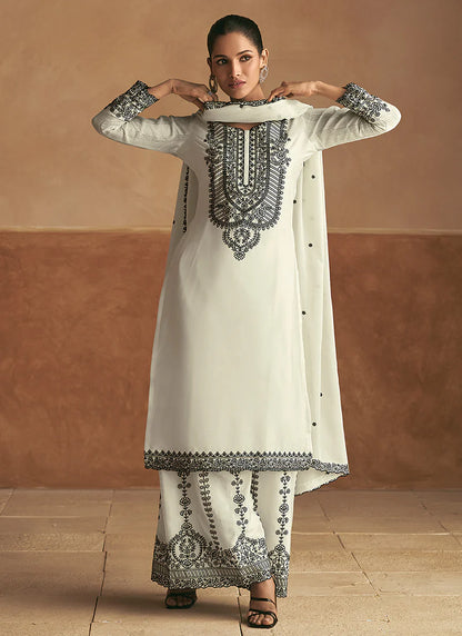 Designer White Thread Embroidery Palazzo Style Suit with Dupatta- Perfect for Indian and Pakistani Weddings