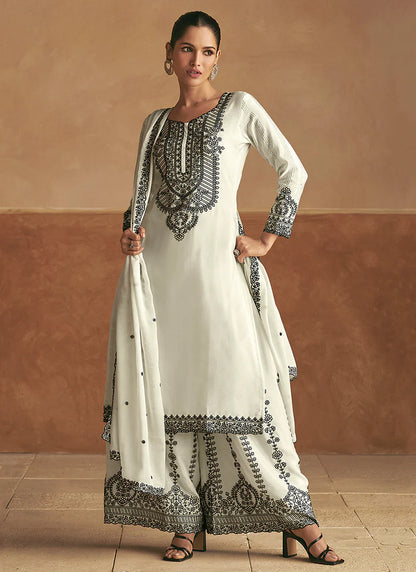 Designer White Thread Embroidery Palazzo Style Suit with Dupatta- Perfect for Indian and Pakistani Weddings