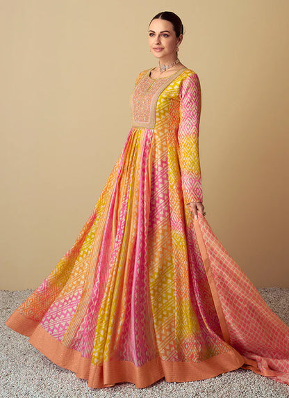 Yellow and Peach Anarkali Gown with Multi-Color Embroidery