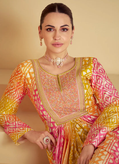 Yellow and Peach Anarkali Gown with Multi-Color Embroidery