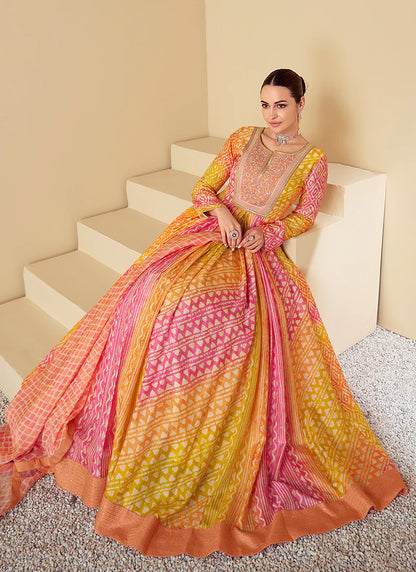 Yellow and Peach Anarkali Gown with Multi-Color Embroidery