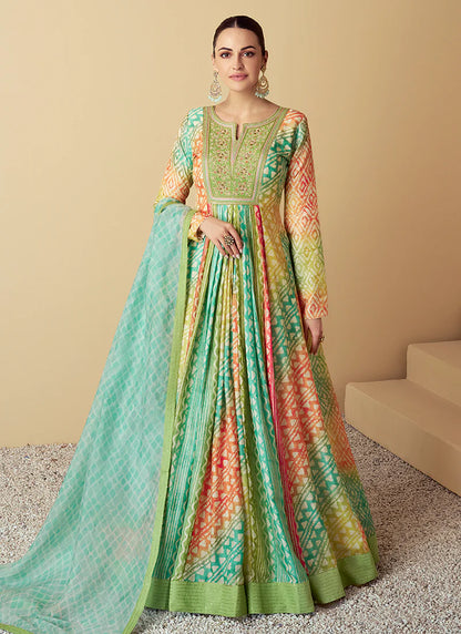 Teal and Green Anarkali Gown with Multi-Color Embroidery