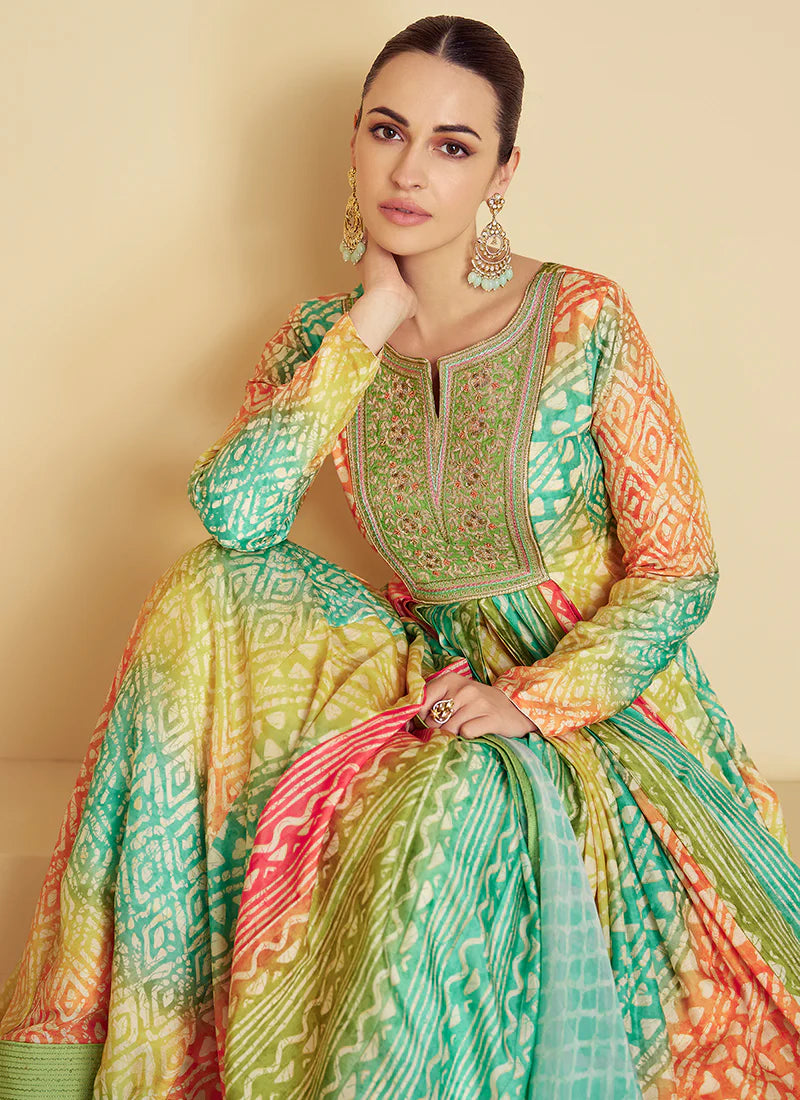 Teal and Green Anarkali Gown with Multi-Color Embroidery