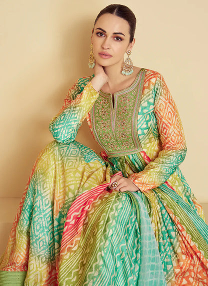 Teal and Green Anarkali Gown with Multi-Color Embroidery