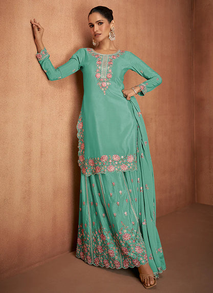 Designer Sea Green Chinnon Party Wear Sharara Suit with Embroidery Work and Dupatta