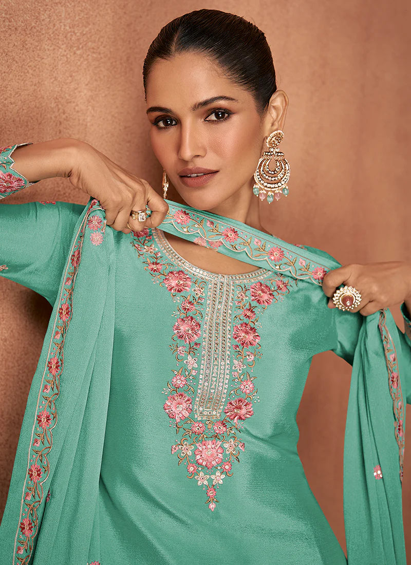 Designer Sea Green Chinnon Party Wear Sharara Suit with Embroidery Work and Dupatta