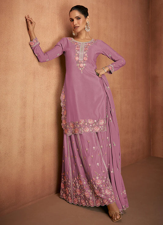 Designer Lavender Chinnon Party Wear Sharara Suit with Embroidery Work and Dupatta