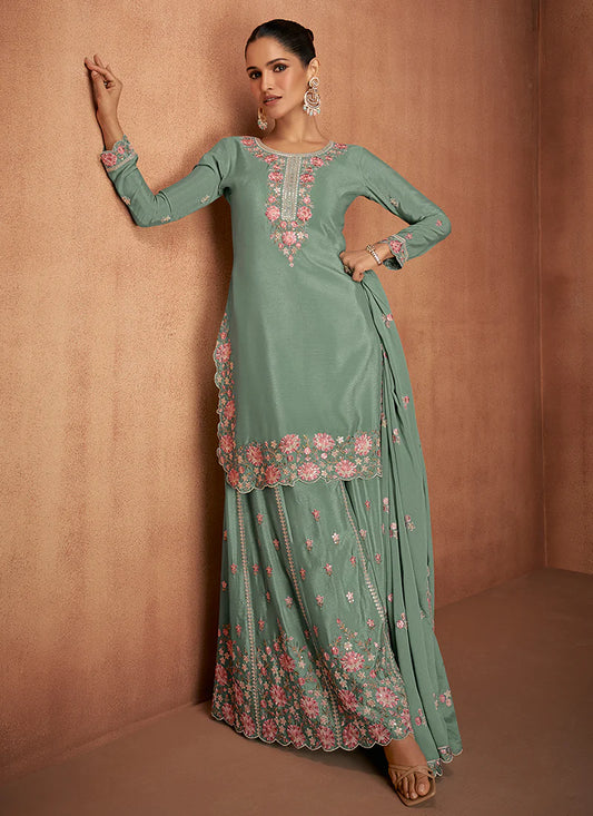 Designer Teal Chinnon Party Wear Sharara Suit with Embroidery Work and Dupatta