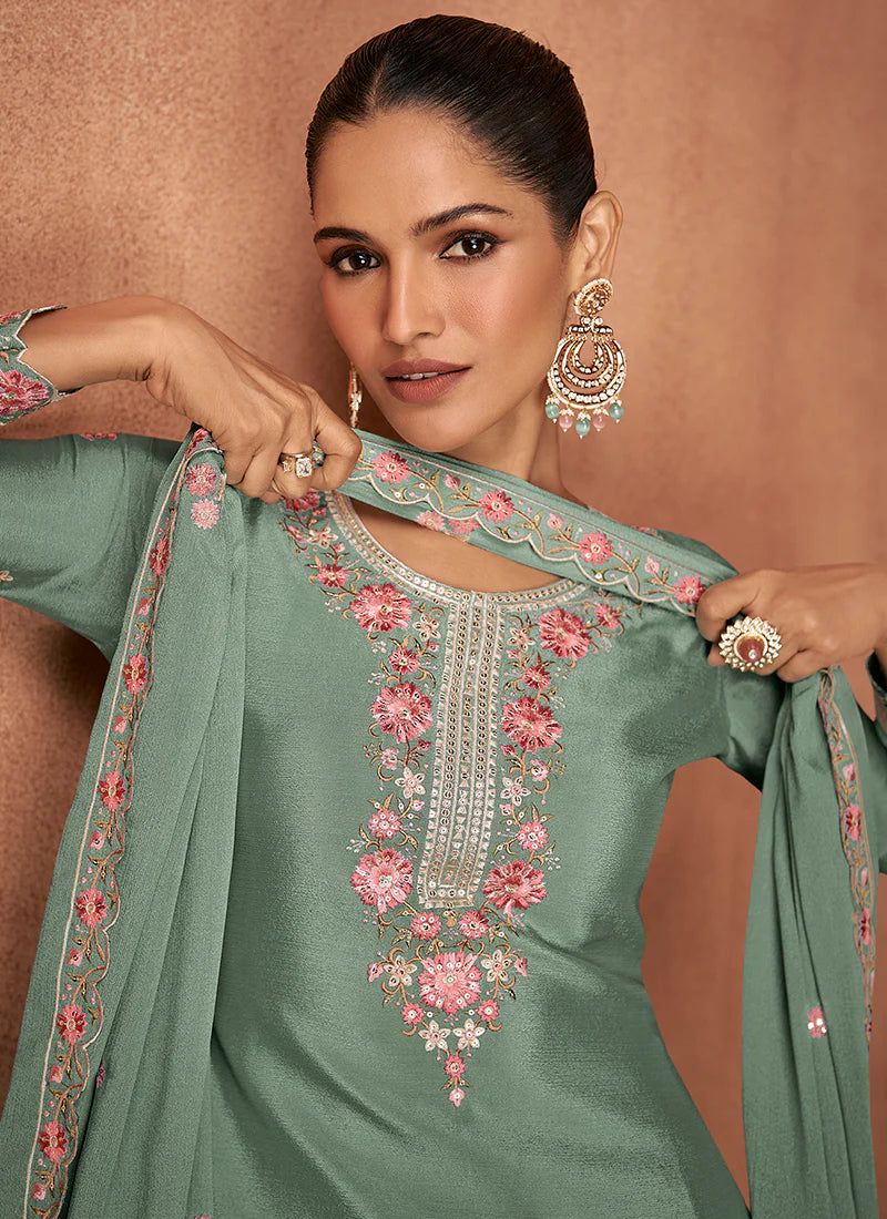 Designer Teal Chinnon Party Wear Sharara Suit with Embroidery Work and Dupatta