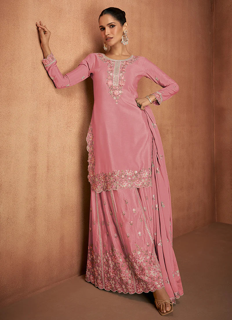 Designer Pink Chinnon Party Wear Sharara Suit with Embroidery Work and Dupatta