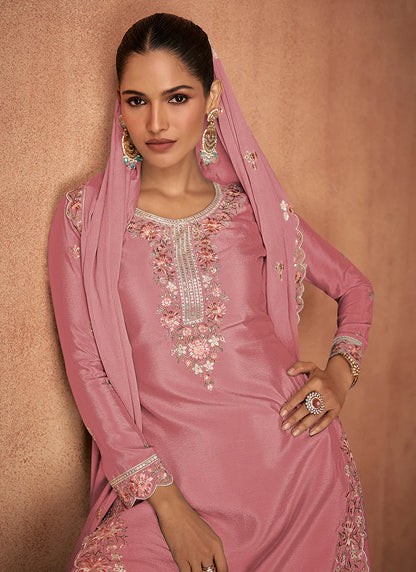 Designer Pink Chinnon Party Wear Sharara Suit with Embroidery Work and Dupatta