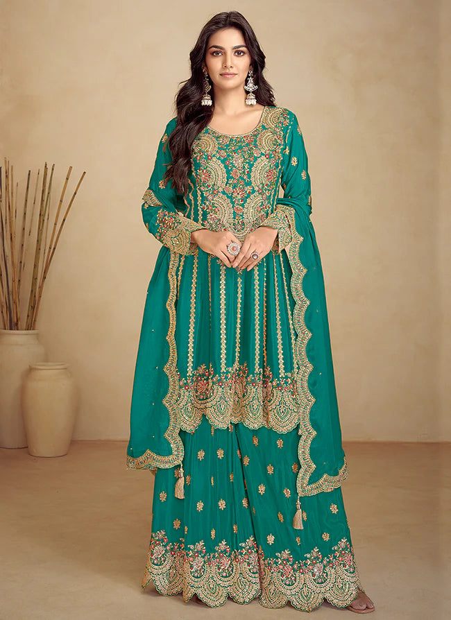 Designer Turquoise Gharara Suit with Intricate Embroidery 