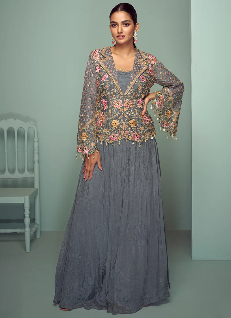 Grey Embroidered Jacket Style Lehenga for Festive Occasions