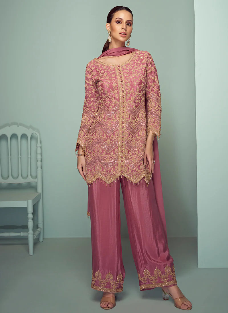 Rose Pink Embroidered Pant Style Suit for Festive Occasions