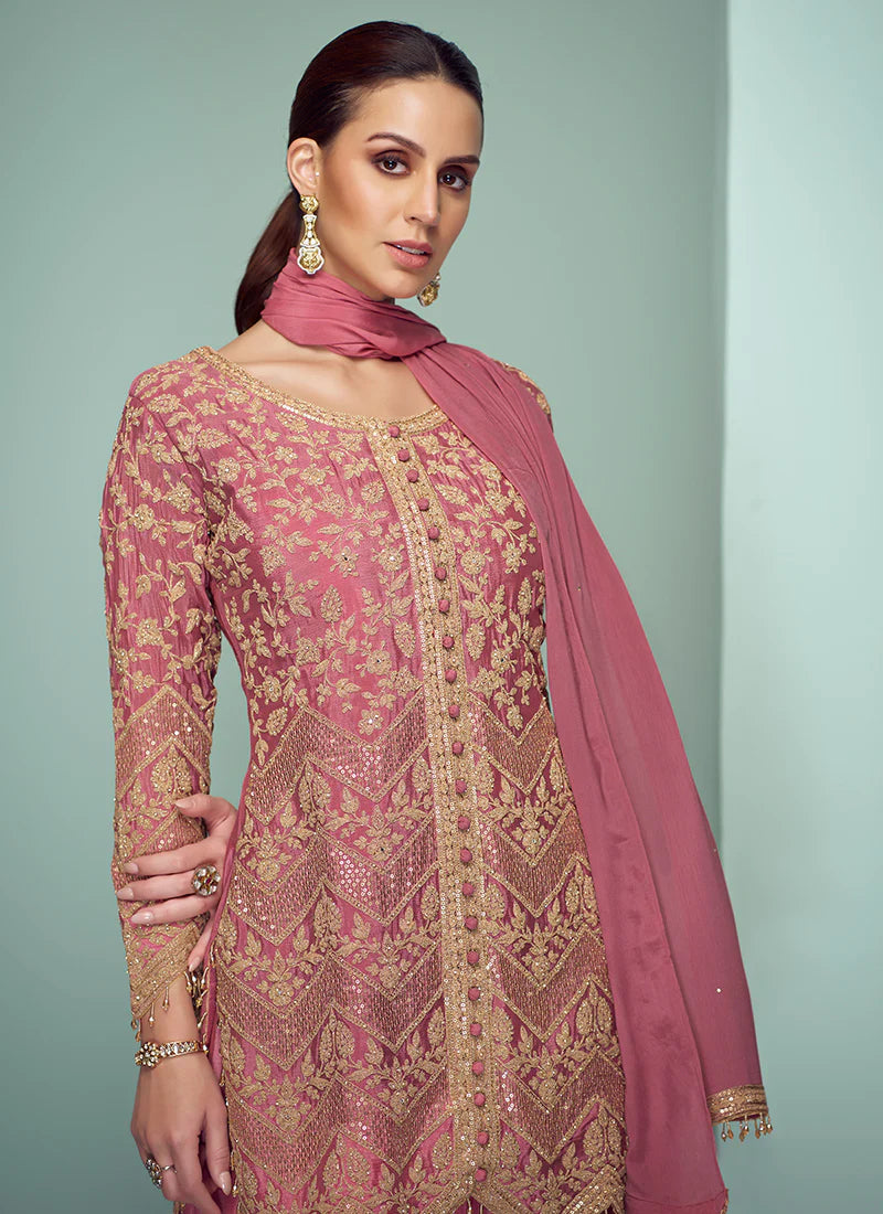 Rose Pink Embroidered Pant Style Suit for Festive Occasions