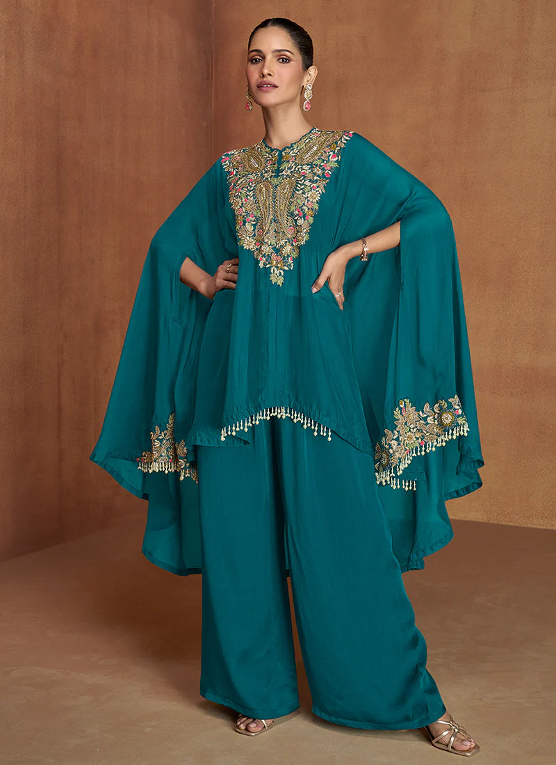 Turquoise Multi Embroidery Poncho Style Pant Suit for Indian and Pakistani Festivals and Weddings