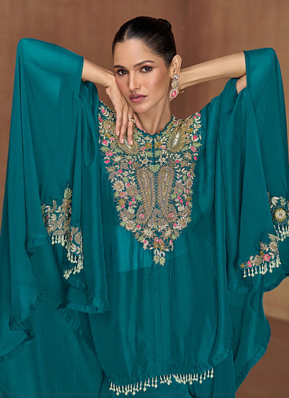 Turquoise Multi Embroidery Poncho Style Pant Suit for Indian and Pakistani Festivals and Weddings