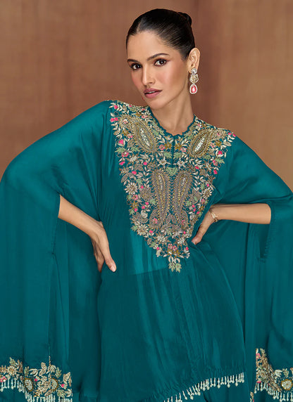 Turquoise Multi Embroidery Poncho Style Pant Suit for Indian and Pakistani Festivals and Weddings