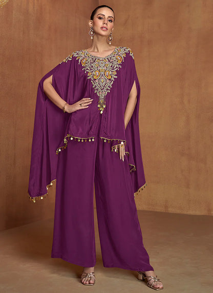 Purple Violet Multi Embroidery Poncho Style Pant Suit for Indian and Pakistani Festivals and Weddings