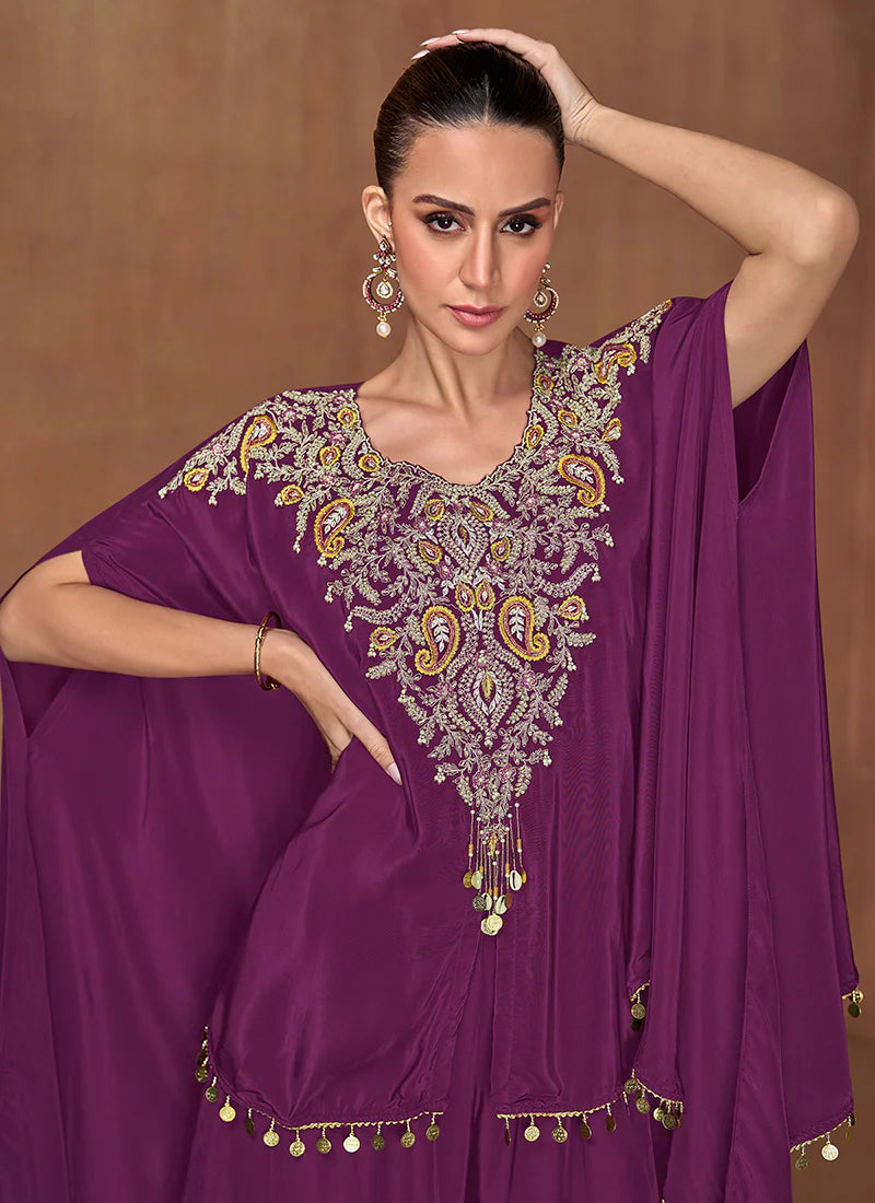 Purple Violet Multi Embroidery Poncho Style Pant Suit for Indian and Pakistani Festivals and Weddings