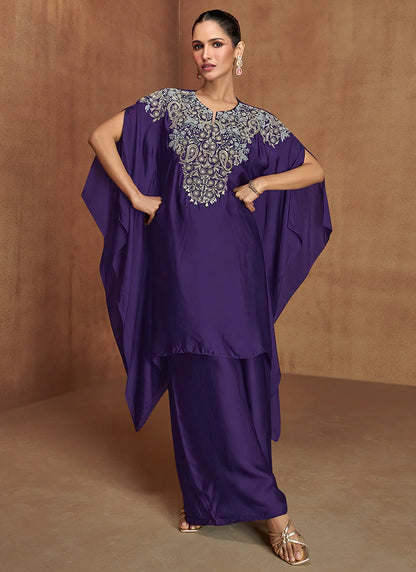 Designer Violet Multi Embroidery Poncho Style Pant Suit for Indian and Pakistani Festivals and Weddings