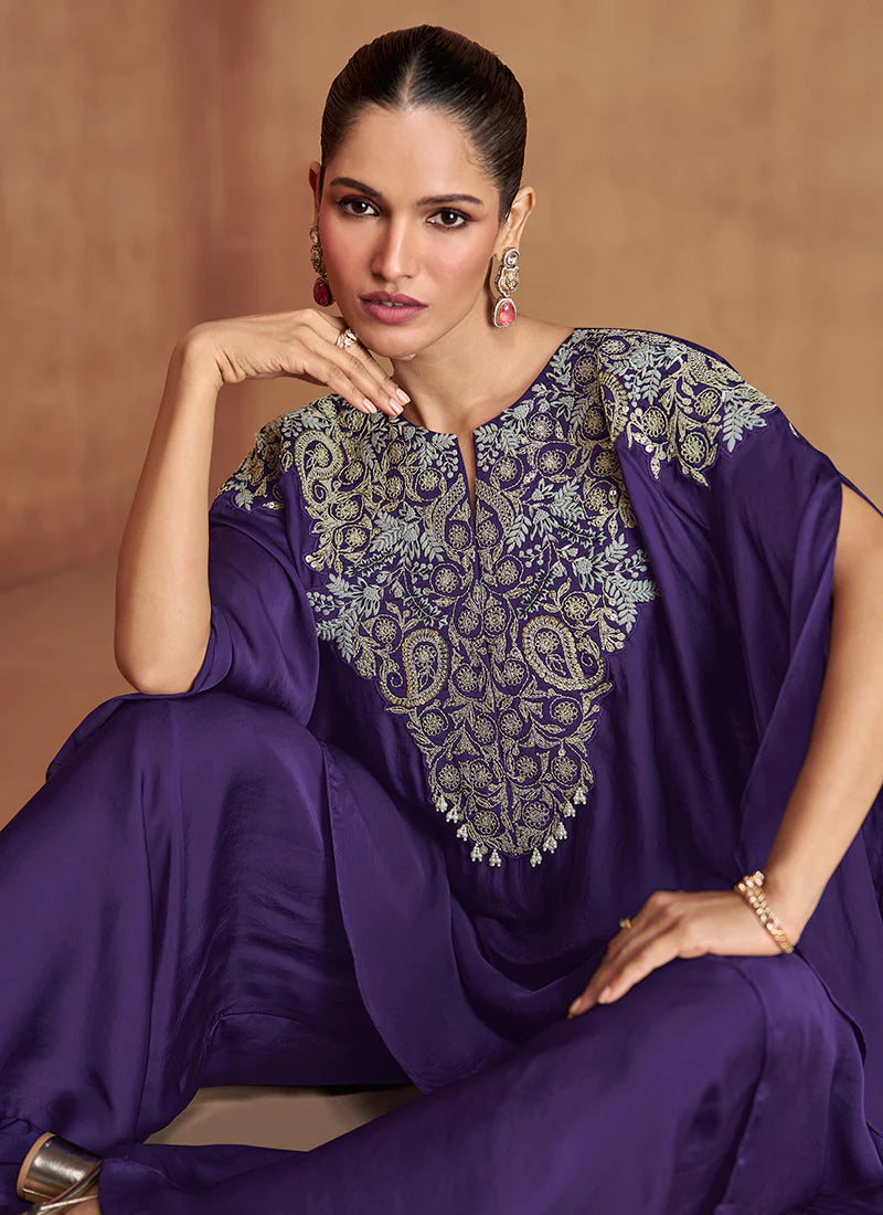 Designer Violet Multi Embroidery Poncho Style Pant Suit for Indian and Pakistani Festivals and Weddings