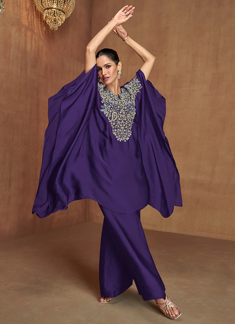 Designer Violet Multi Embroidery Poncho Style Pant Suit for Indian and Pakistani Festivals and Weddings