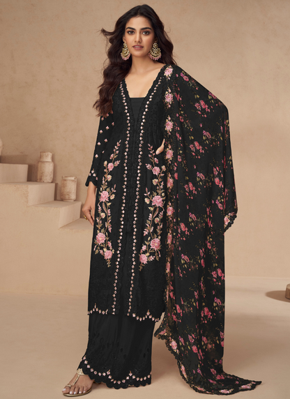 Black Chinnon Silk Embroidered Palazzo Suit with Dupatta for Pakistani Wedding and Indian Festival – Mirror and Thread Work