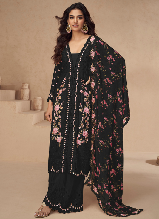 Black Chinnon Silk Embroidered Palazzo Suit with Dupatta for Pakistani Wedding and Indian Festival – Mirror and Thread Work