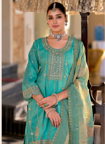 Aqua Blue Simar Embroidered Sharara Suit with Dupatta for Panjabi Weddings