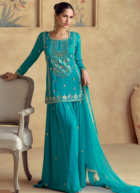 Designer Aqua Blue Chinnon Silk Embroidered Sharara Suit with Dupatta – Perfect for Indian Wedding & Pakistani Festival