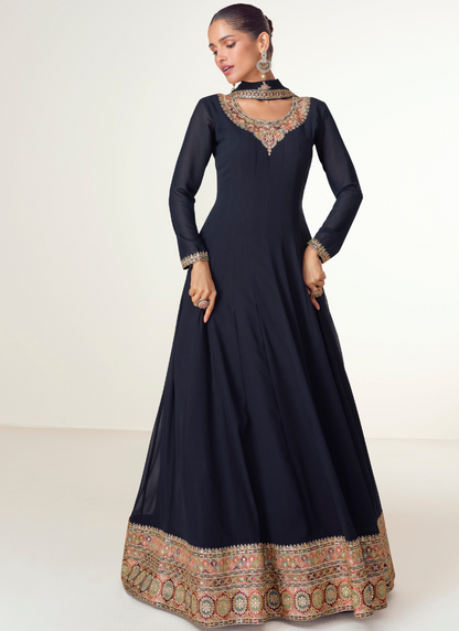 Buy Online Navy Georgette Embroidered Anarkali Gown with Dupatta