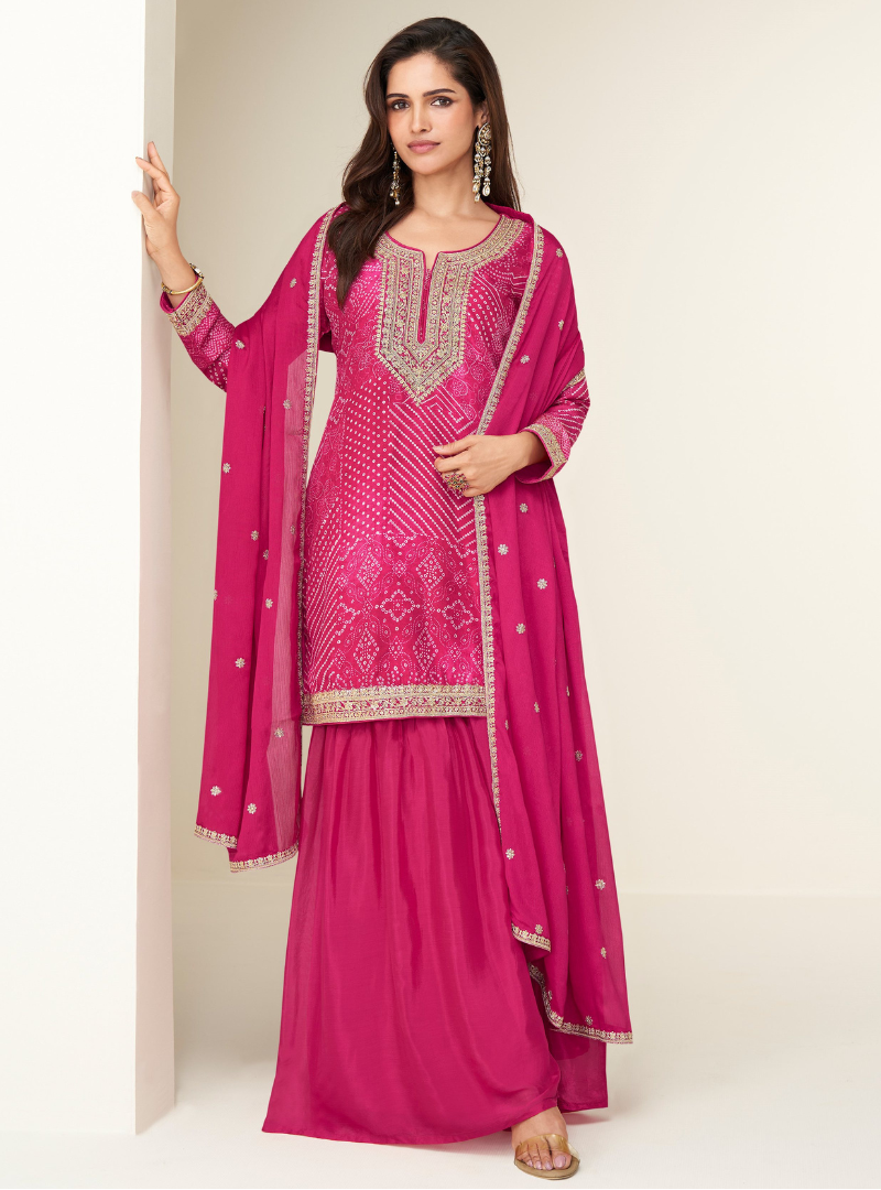 Designer Rani Pink Sharara Suit with Zari Embroidery with Dupatta for Indian Wedding and Pakistani Festival