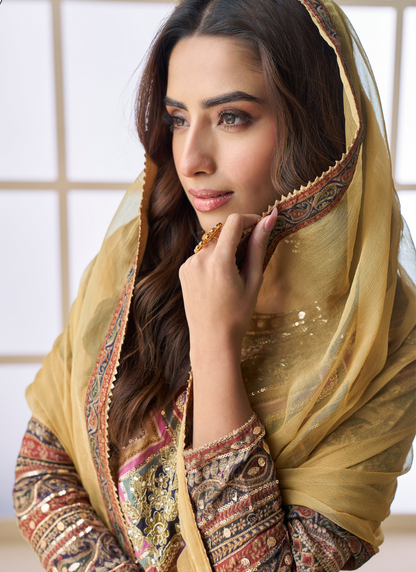 Ochre Yellow Viscose Crepe Silk Embroidered Sharara Suit with Zari & Gota Patti