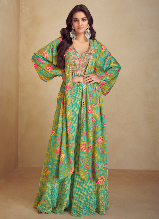 Parrot Green Chinon Silk Cape Style Palazzo Set with Designer Shrug