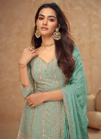 Designer Aqua Green Chinnon Sharara Suit with Dupatta for Pakistani Weddings and Indian Festivals – Embroidery Work