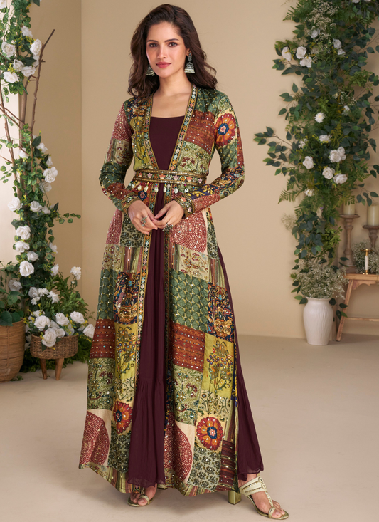 Designer Deep Wine Georgette Anarkali Gown with Multicolor Long Shrug