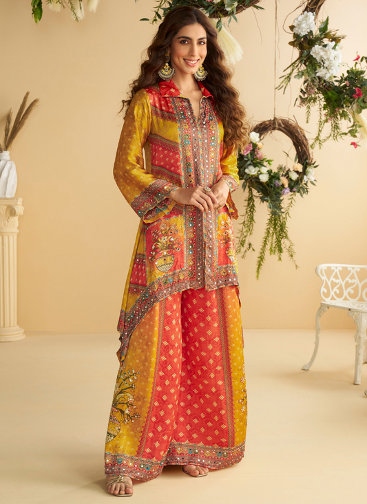 Mustard Yellow & Scarlet Red Crape Silk Printed Palazzo Set for Indian Wedding and Pakistani Festival