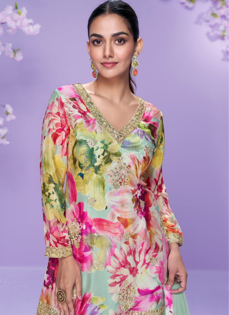 Pastel Green Chinon Silk Palazzo Suit with Floral Print For Indian Wedding and Pakistani Festival