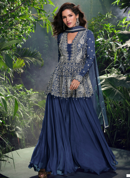 Buy Navy Blue Chinnon Silk Sharara Suit with Dupatta for Indian and Pakistani Wedding and Festival 