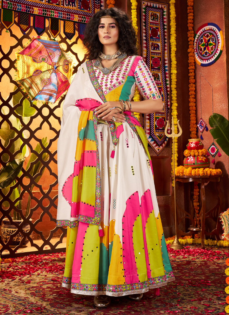 White Gajji Silk Navratri Chaniya Choli with Mirror Embroidery