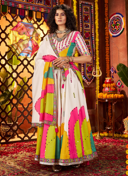 White Gajji Silk Navratri Chaniya Choli with Mirror Embroidery