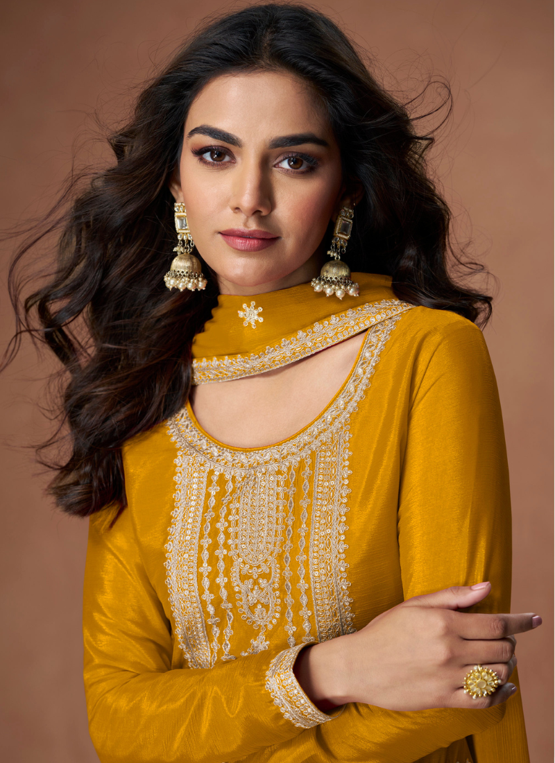 MUSTARD YELLOW CHINON SILK SALWAR KAMEEZ WITH DUPATTA FOR PAKISTANI WEDDING AND FESTIVAL