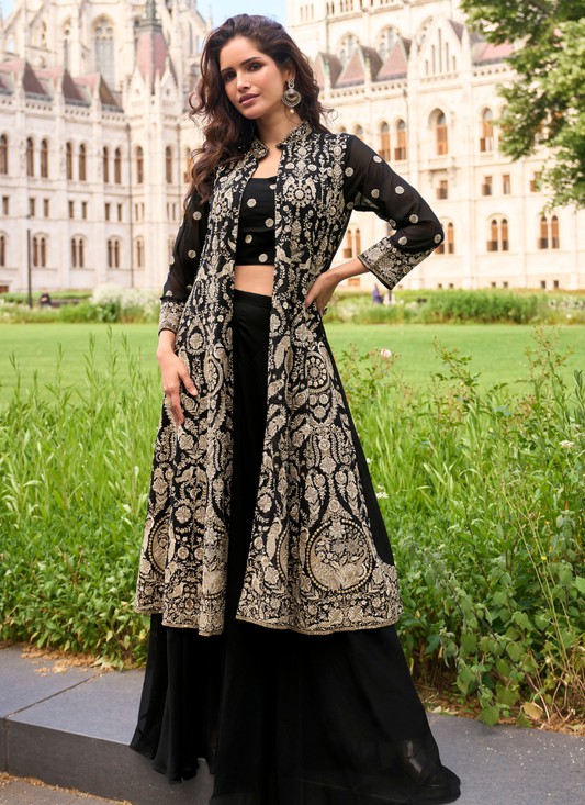 Designer Black Indo-Western Georgette Jacket Style Shrug with Palazzo